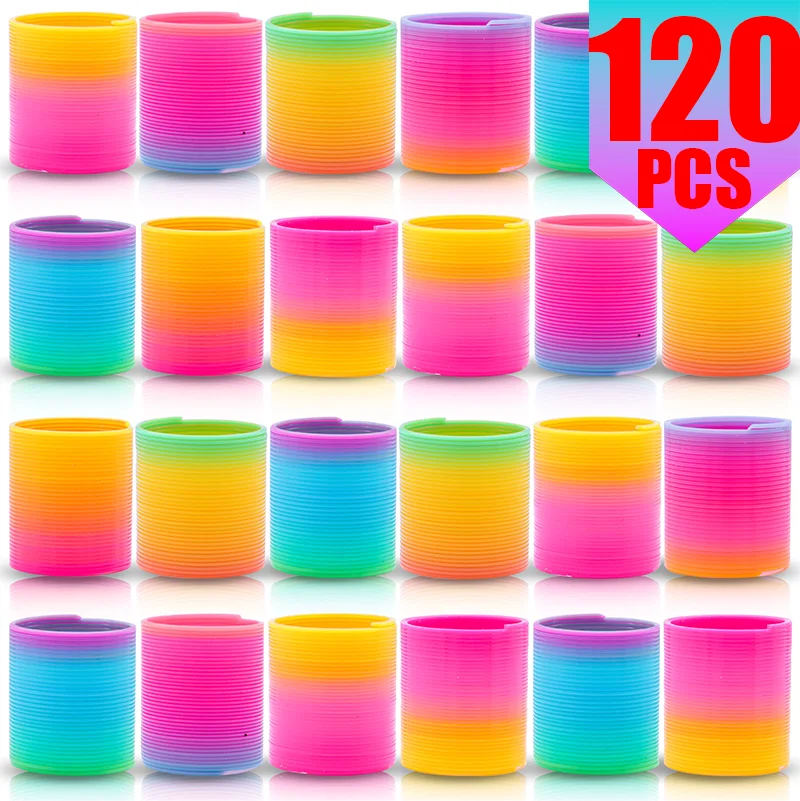 A collection of 120 colorful, striped plastic cups or party favors in rainbow colors.