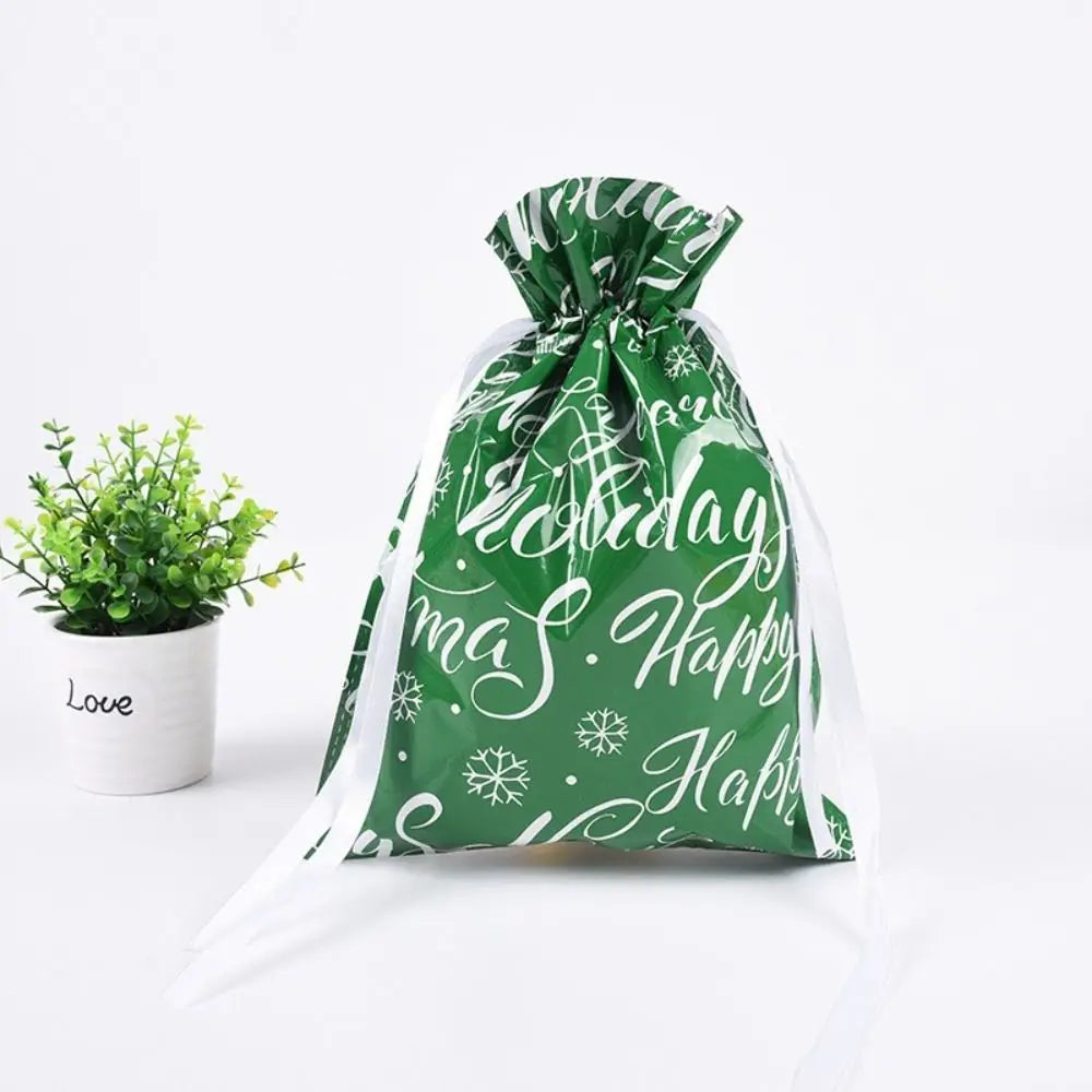 A green festive drawstring gift bag with white script designs of Christmas and holiday greetings.