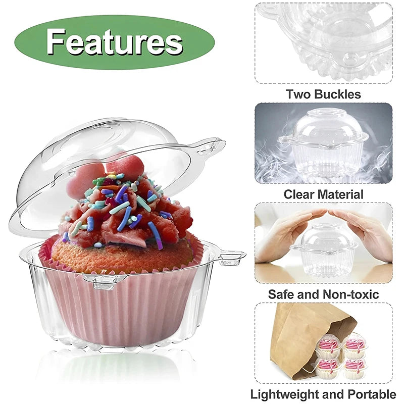 Clear plastic cupcake boxes with lids shown next to features like two buckles, clear material, and lightweight design.
