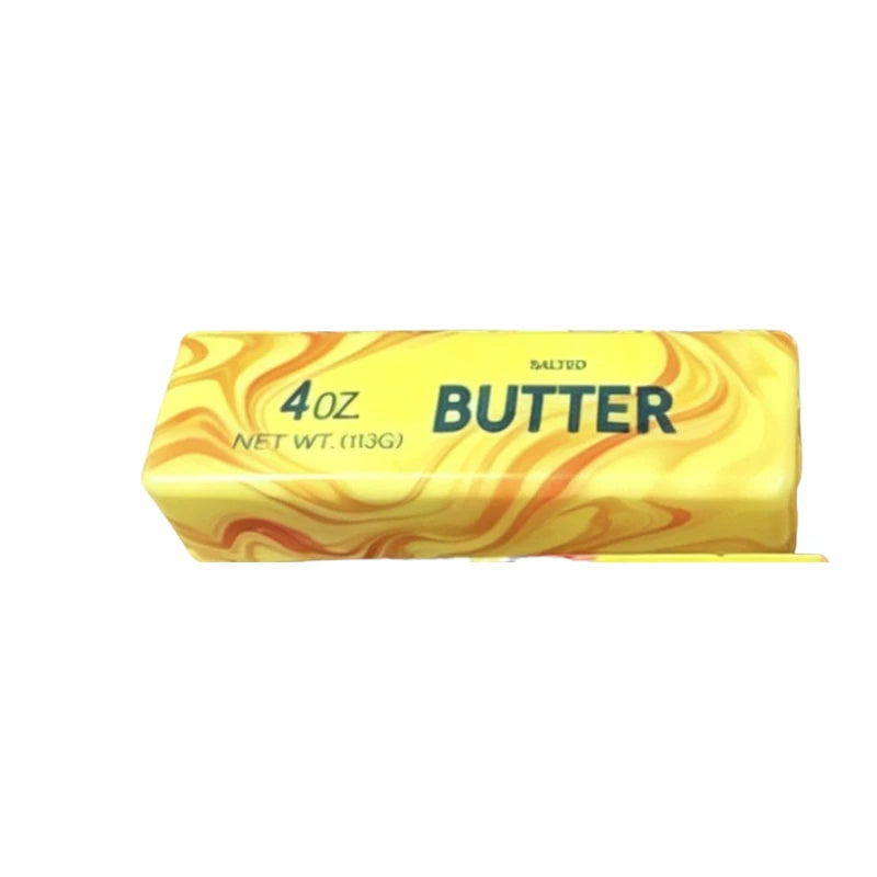 Jouet anti-stress jaune à presser, étiqueté 4 oz beurre.