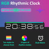 An RGB rhythmic clock display showing 20:38:56, with options for light bar jumps and dual alarms.