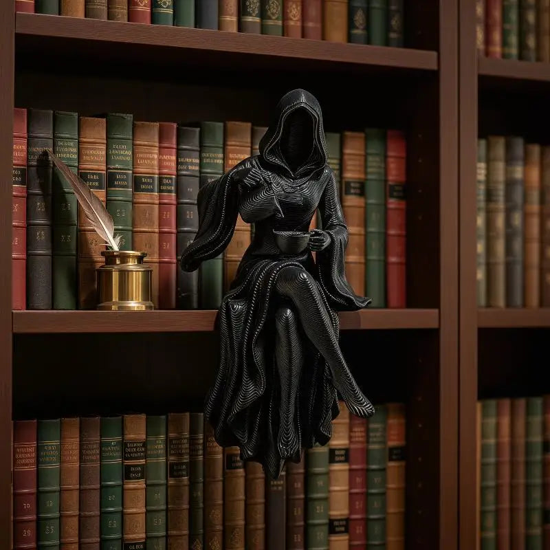 A black resin statue of a female grim reaper wearing a hooded cloak and holding a scythe, displayed on a wooden bookshelf.