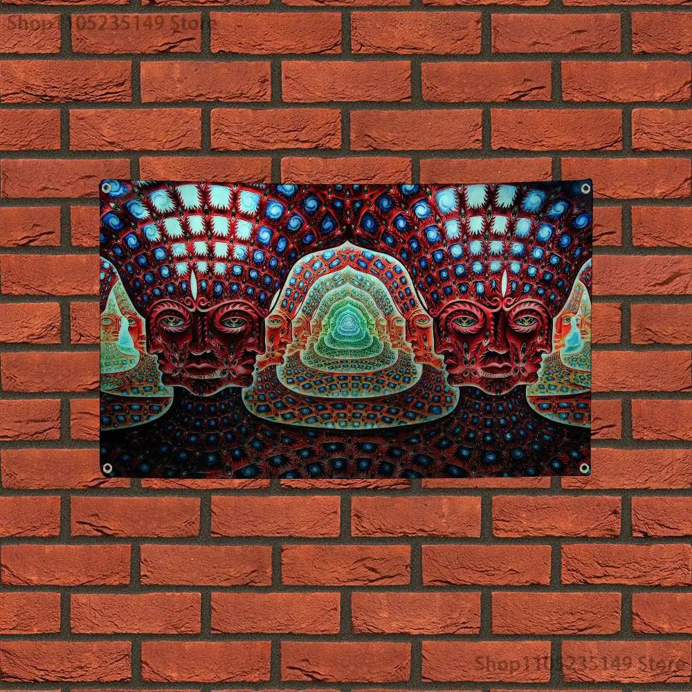 A vibrant tapestry featuring stylized, colorful faces with intricate patterns against a dark background.