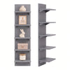 A modern white five-tier vertical wall shelf with various decorative and storage items.