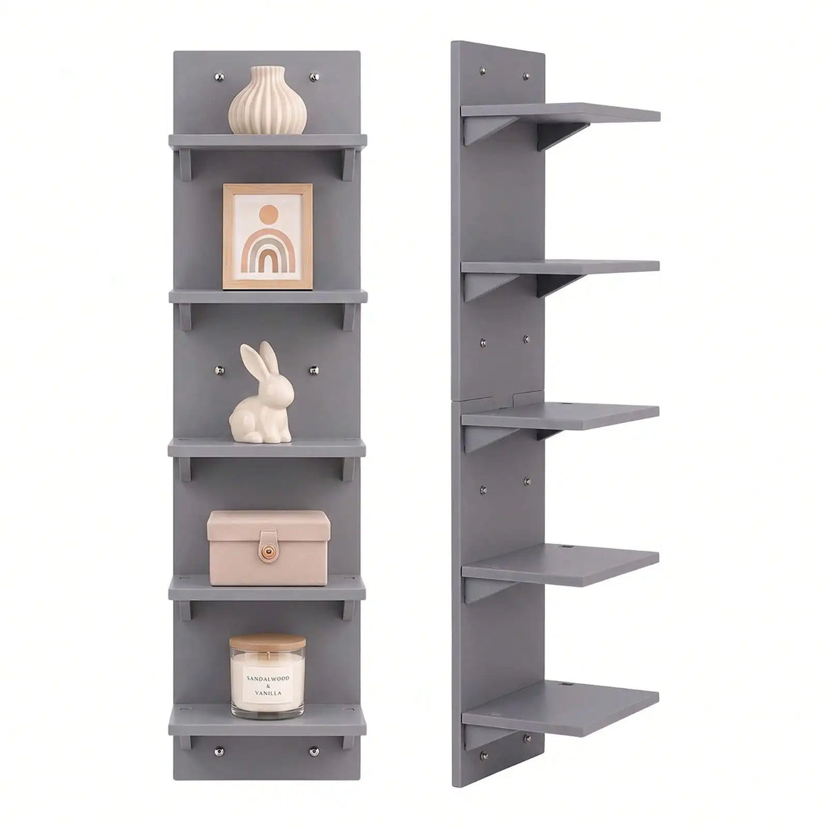 A modern white five-tier vertical wall shelf with various decorative and storage items.