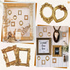 A collection of ornate gold picture frames, including rectangular and oval shapes, displayed against a white background.