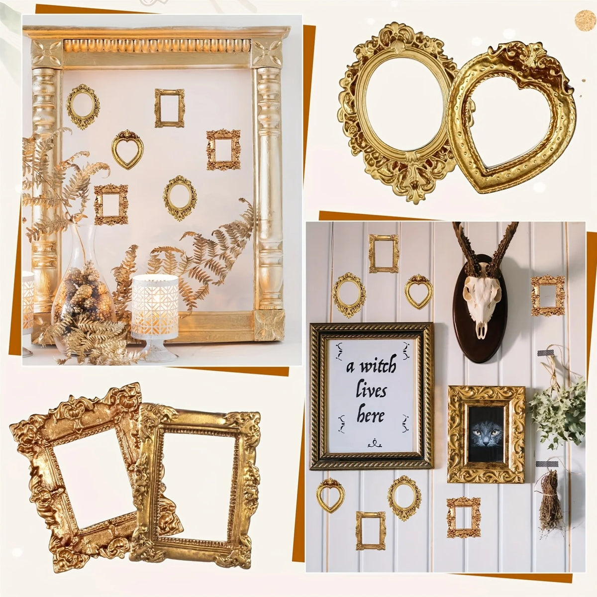 A collection of ornate gold picture frames, including rectangular and oval shapes, displayed against a white background.