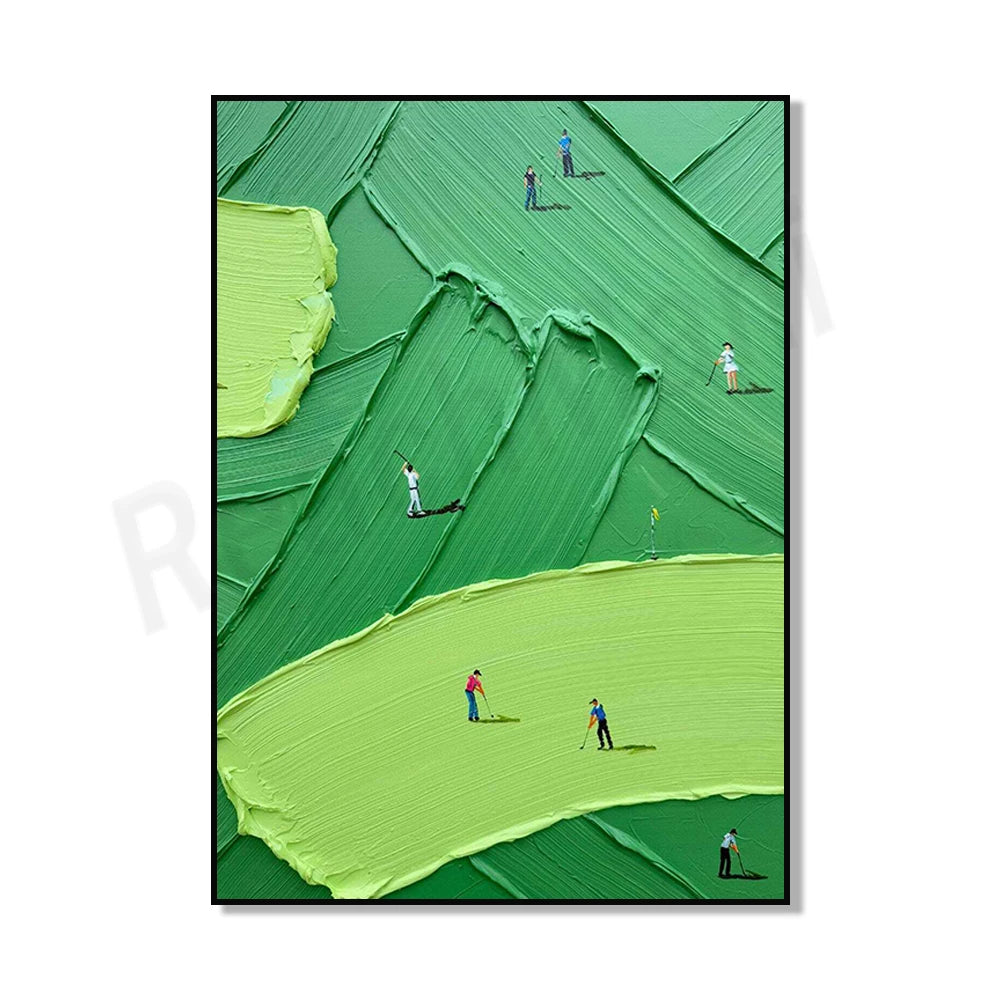 Abstract canvas art depicting a green golf scene with figures playing on a textured green surface.