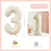 A set of three 32 inch Milky White aluminum foil number balloons, including a large number balloon and twenty glue dots.
