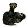 A dark green and black 3D printed rotatable snake art model with large amber eyes.