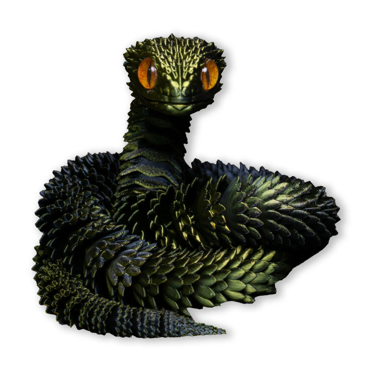 A dark green and black 3D printed rotatable snake art model with large amber eyes.