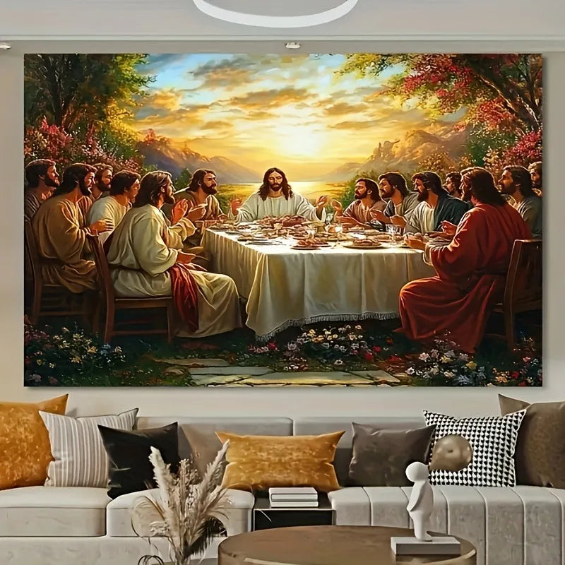 A tapestry depicting The Last Supper with Jesus and disciples set against a sunset lake view.