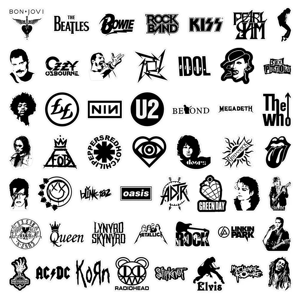 50 Piece Classic Rock & Punk Band Sticker Pack – Waterproof for Laptops, Phone Cases, and More