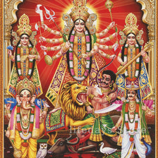 Vintage canvas wall art print of the Hindu Goddess Durga with multiple arms and traditional ornamentation.