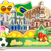A collage featuring icons of Brazil, including a flag, historical buildings, and a soccer ball, on a green background.