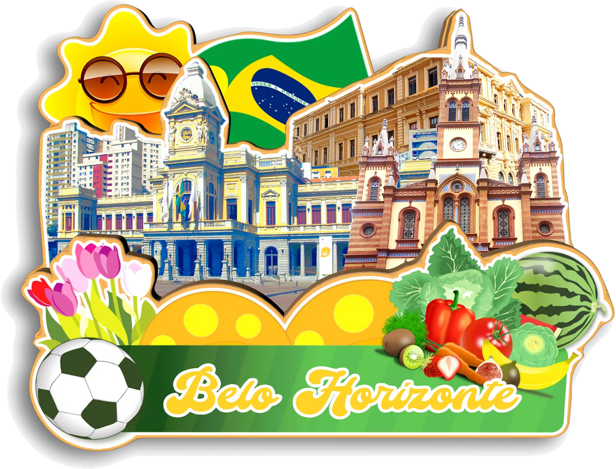 A collage featuring icons of Brazil, including a flag, historical buildings, and a soccer ball, on a green background.