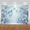 A light blue and white floral backdrop featuring numerous butterflies for photography or decor.