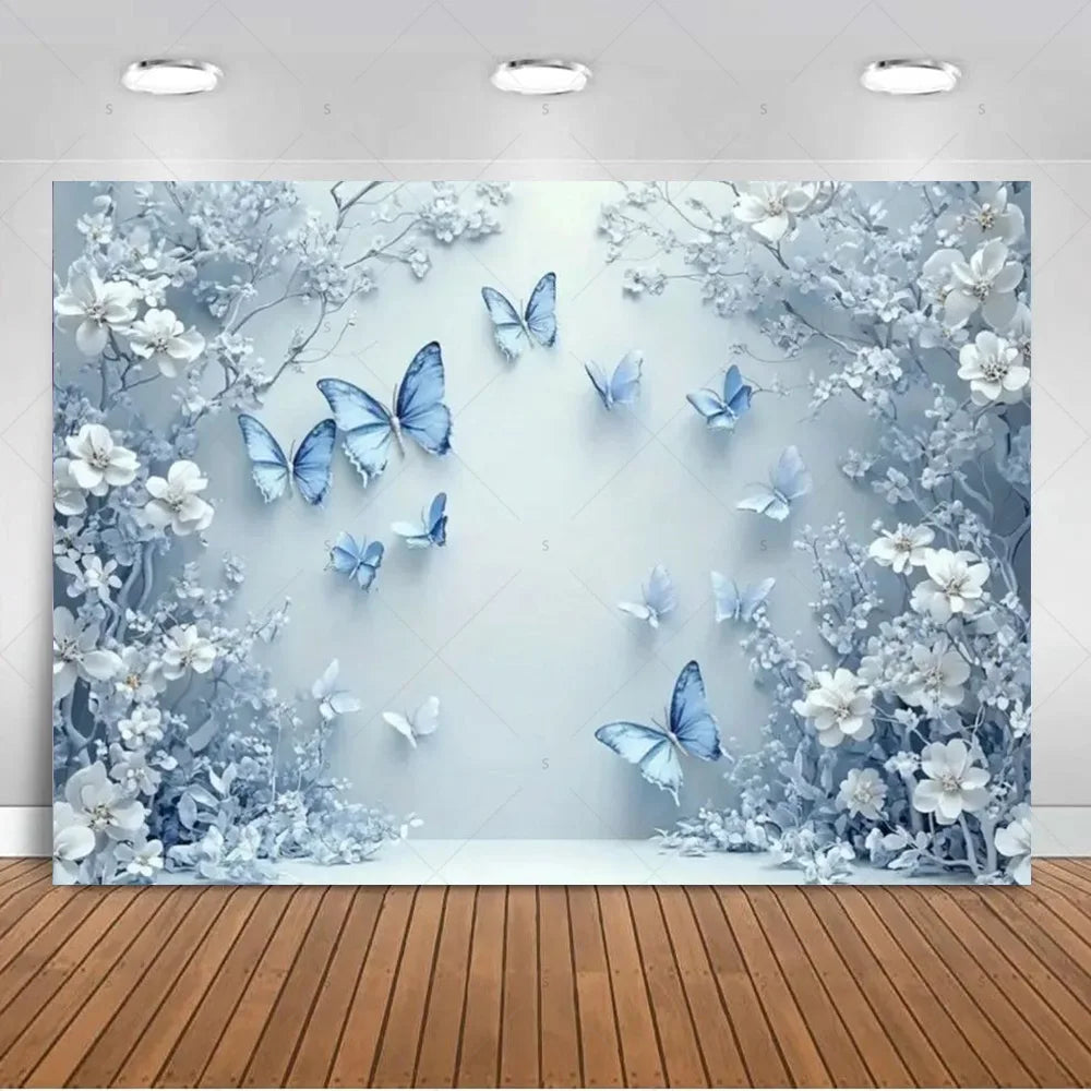 A light blue and white floral backdrop featuring numerous butterflies for photography or decor.
