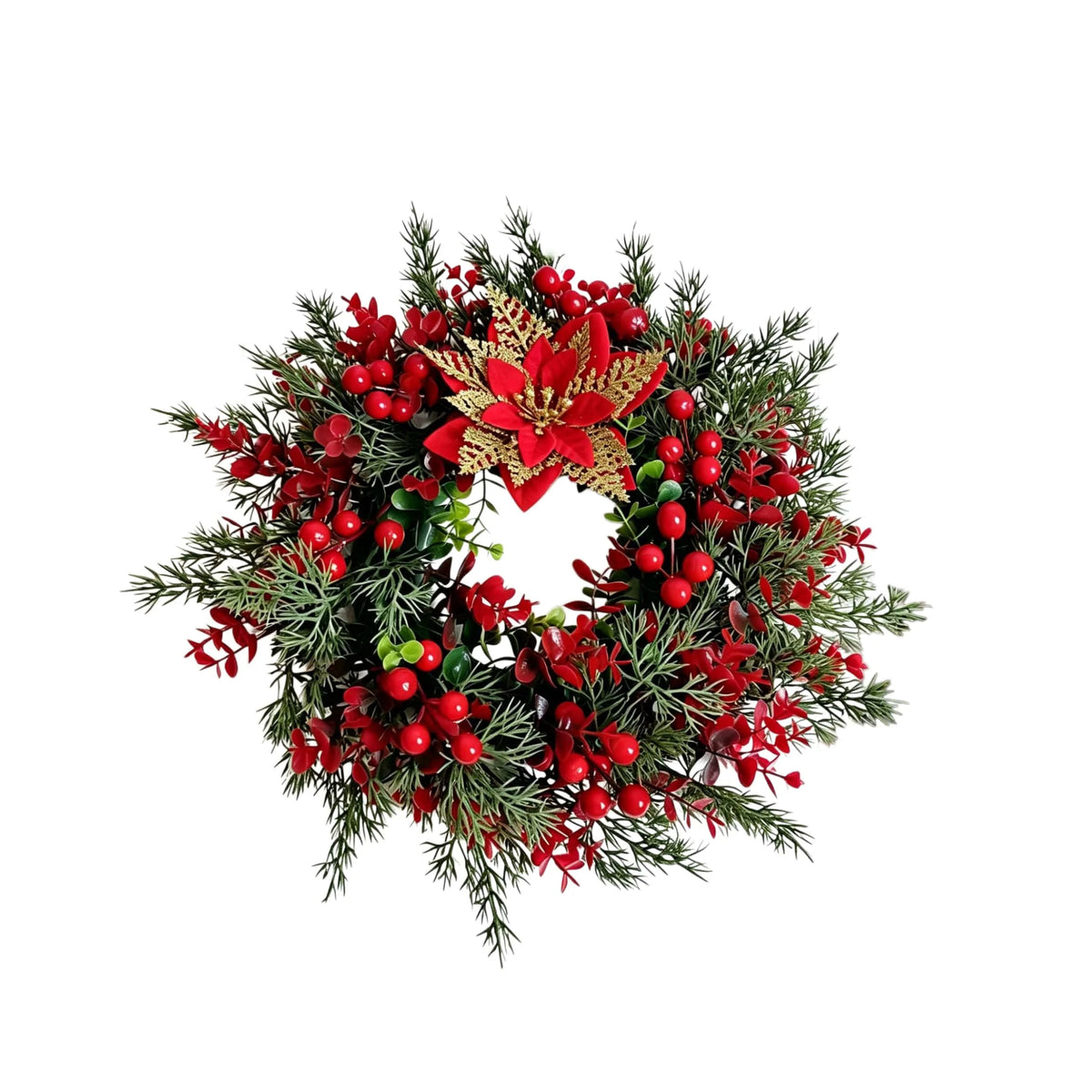 Artificial pine and eucalyptus wreath decorated with red berries and a red bow