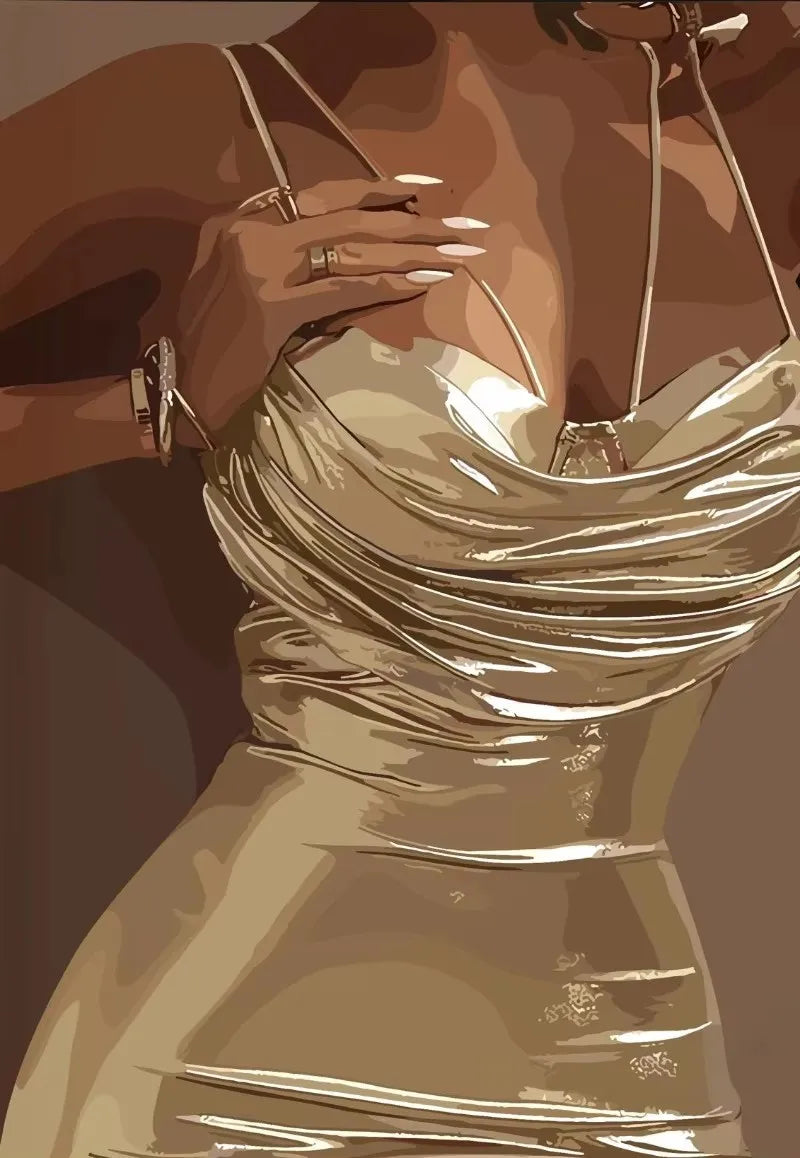 Nahaufnahme einer Frau in einem trägerlosen Kleid, die ihre Hand und ihren Dekolleté zeigt.