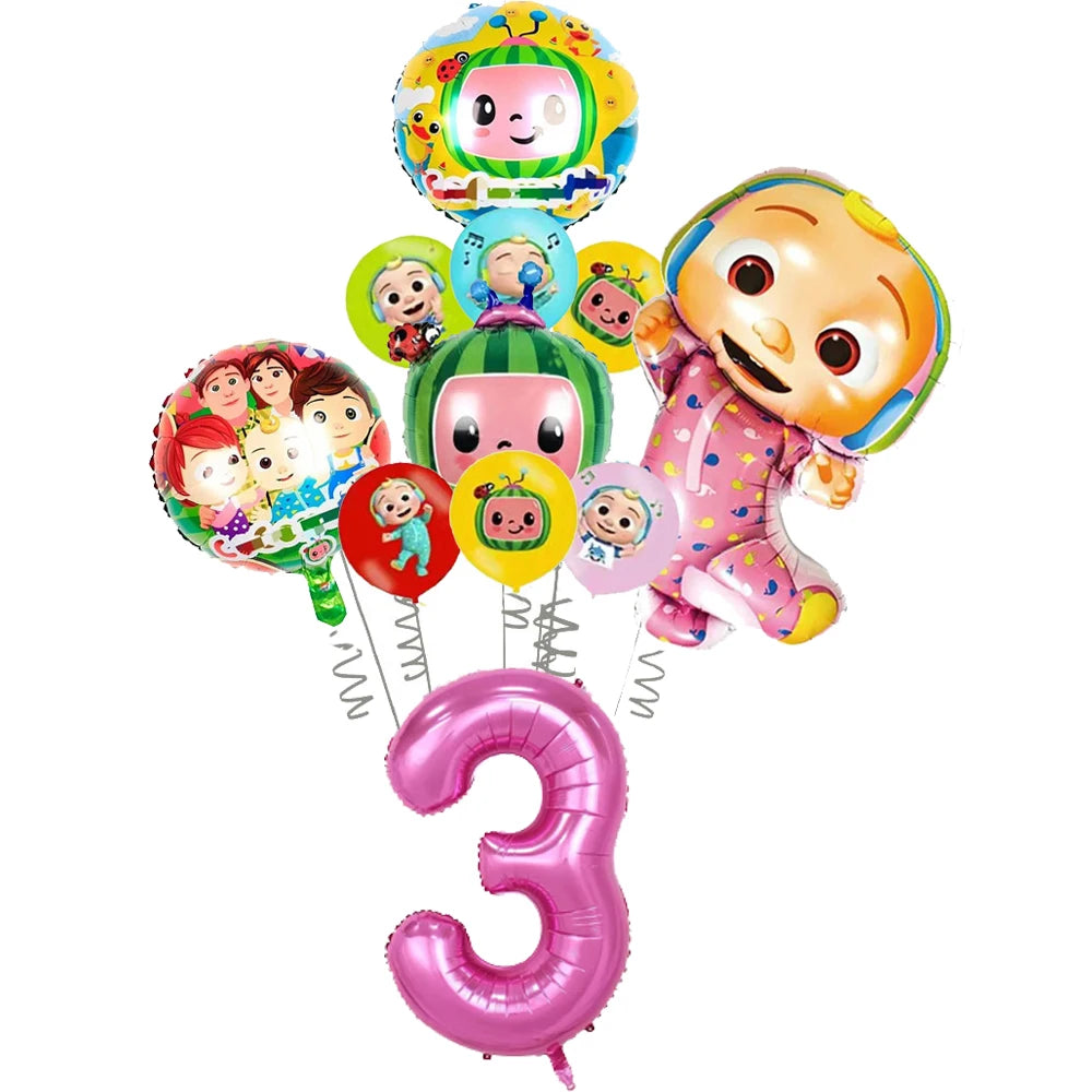 A set of colorful cartoon Cocomelon watermelon foil balloons featuring characters and numbers.