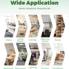 A collection of wood grain peel-and-stick floor and wall stickers shown in various room settings.