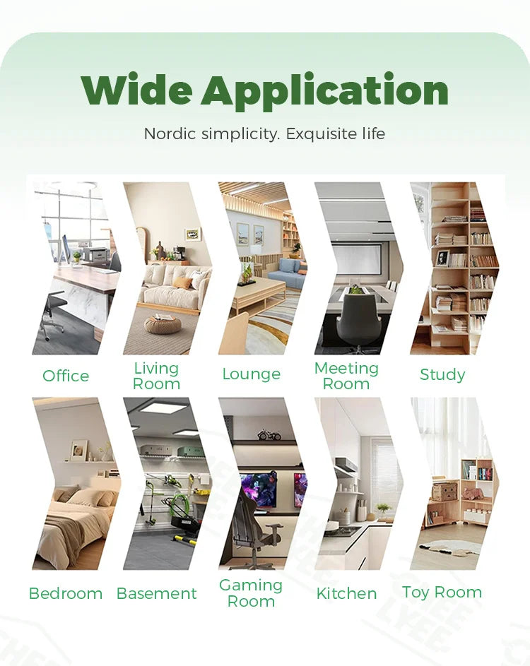 A collection of wood grain peel-and-stick floor and wall stickers shown in various room settings.