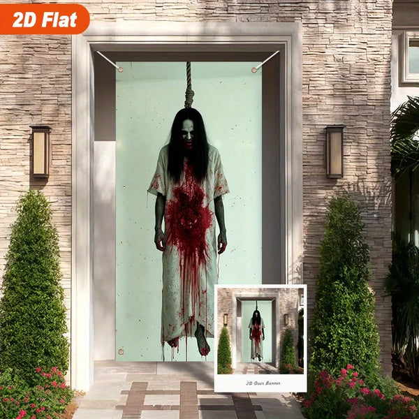 A spooky 2D Halloween door banner featuring a figure with a red splatter effect in a light green doorway.