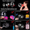 Diagram showing how to inflate a balloon using electric pump, foot pump, hand pump, and helium tank.