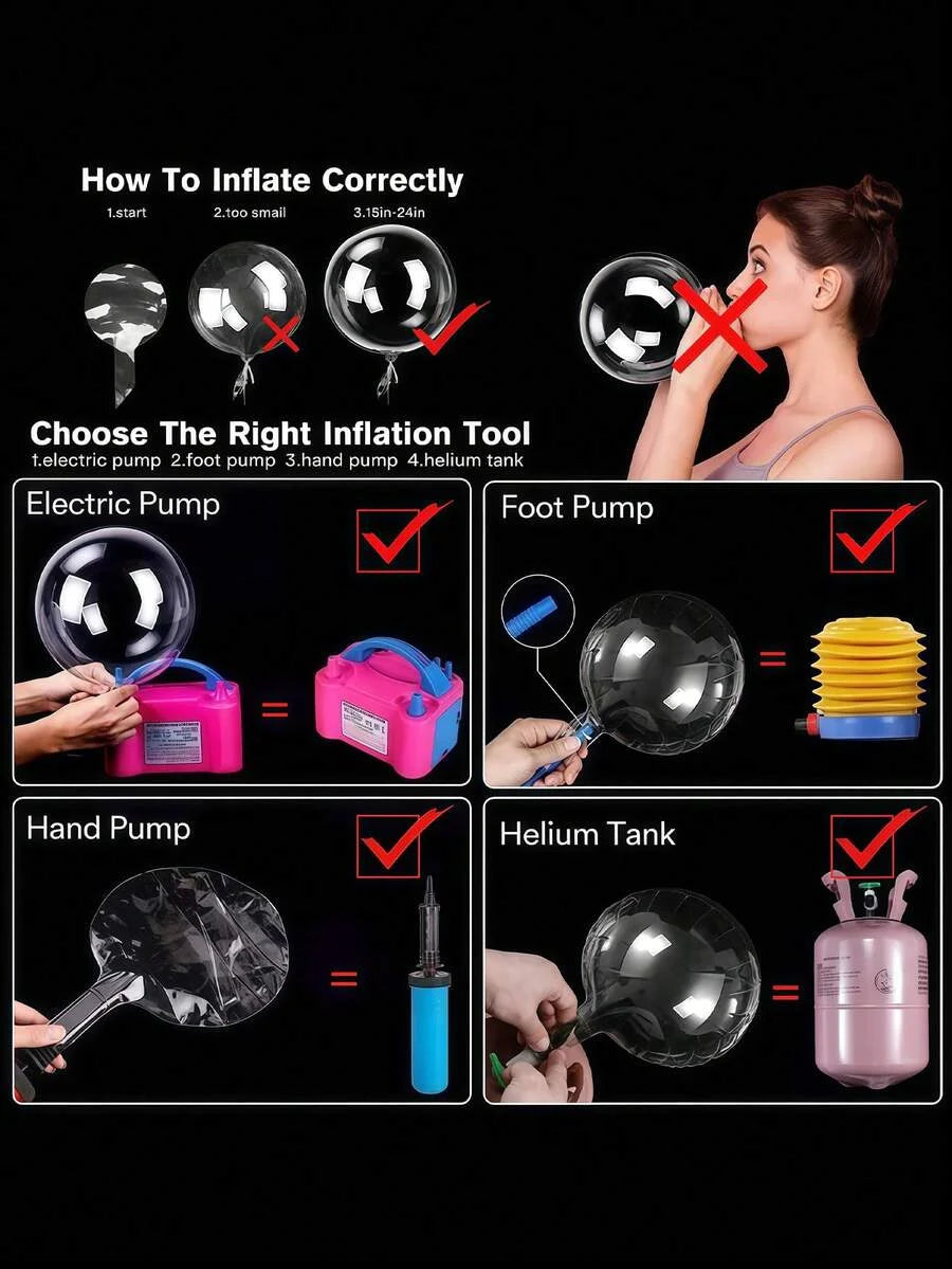 Diagram showing how to inflate a balloon using electric pump, foot pump, hand pump, and helium tank.