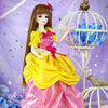 A princess ball-jointed doll with long brown hair wearing a yellow and pink sparkly dress in a purple setting.
