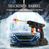 A black high-pressure cleaning gun is shown spraying water onto a blue car, demonstrating the thickened barrel feature.