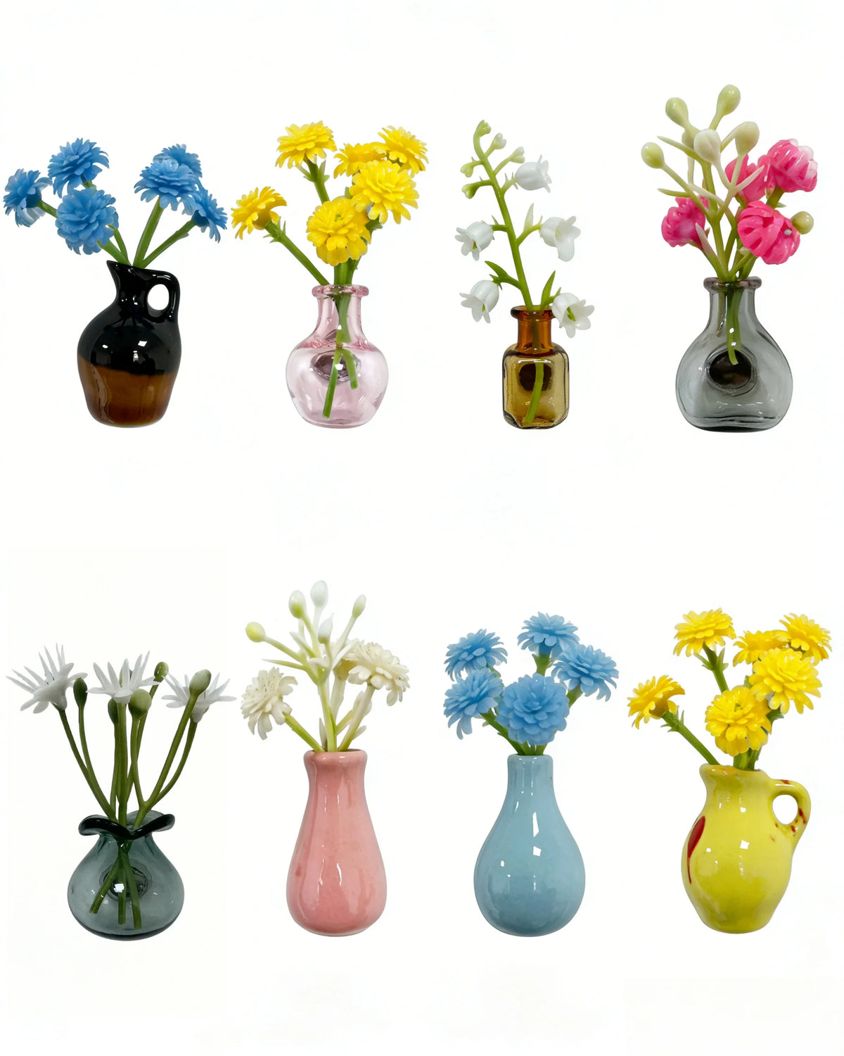 A collection of seven mini ceramic plant vases holding colorful flowers like blue, yellow, and pink blooms.