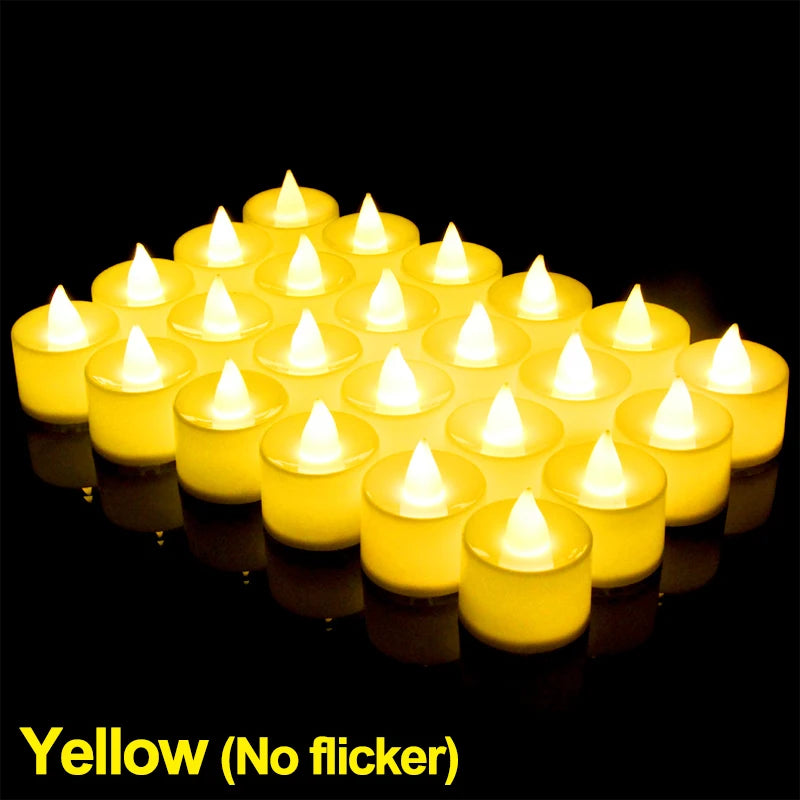 A set of yellow flameless LED tea light candles arranged in a pyramid on a dark surface.