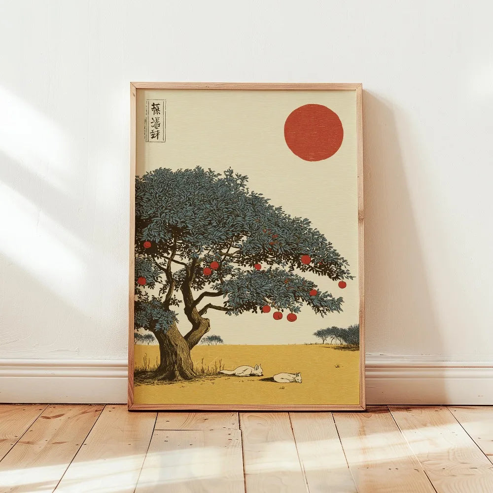 Frameless Japanese tree art canvas print featuring a large tree silhouette against a pale background with a red sun disk.