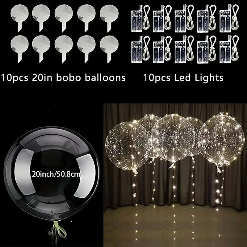 A set of 10 balloons and 10 LED lights for party decoration, including a 20-inch balloon.