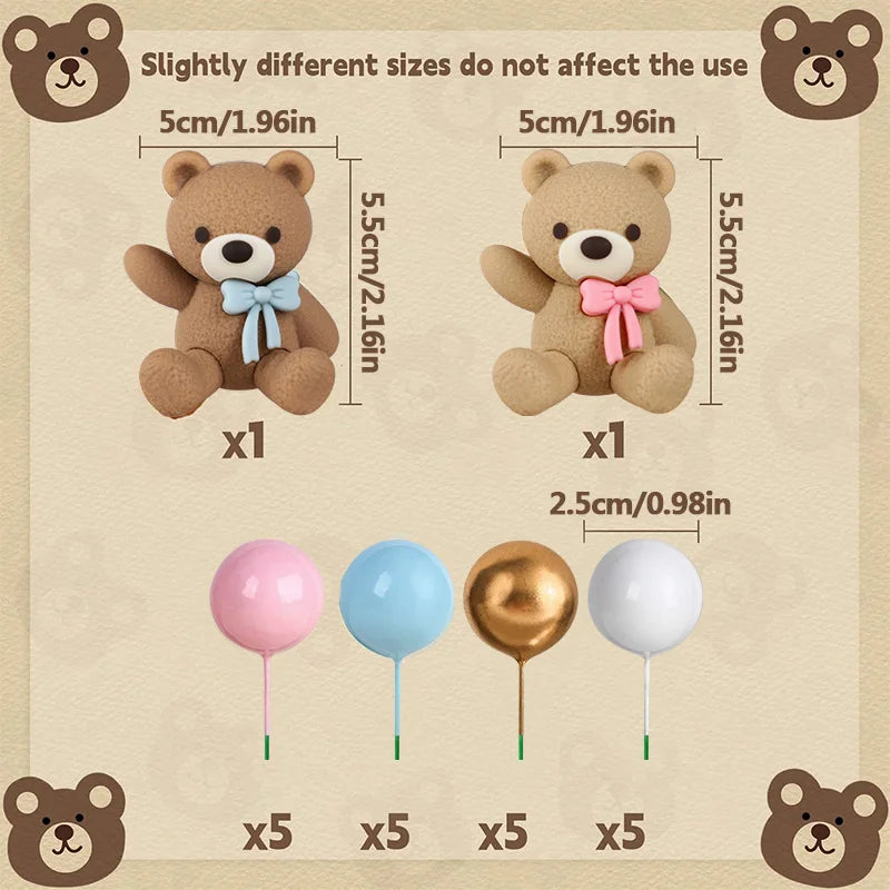Set of teddy bear cake toppers in various sizes and colors for gender reveal parties