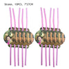 A set of 10 pink straws with wooden or natural-themed toppers featuring bears and girls for a party.