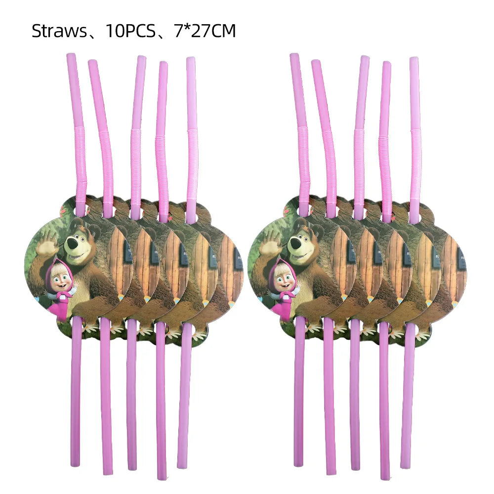 A set of 10 pink straws with wooden or natural-themed toppers featuring bears and girls for a party.