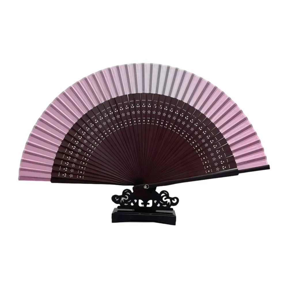 Elegant bamboo folding fan with a pink and brown striped design.