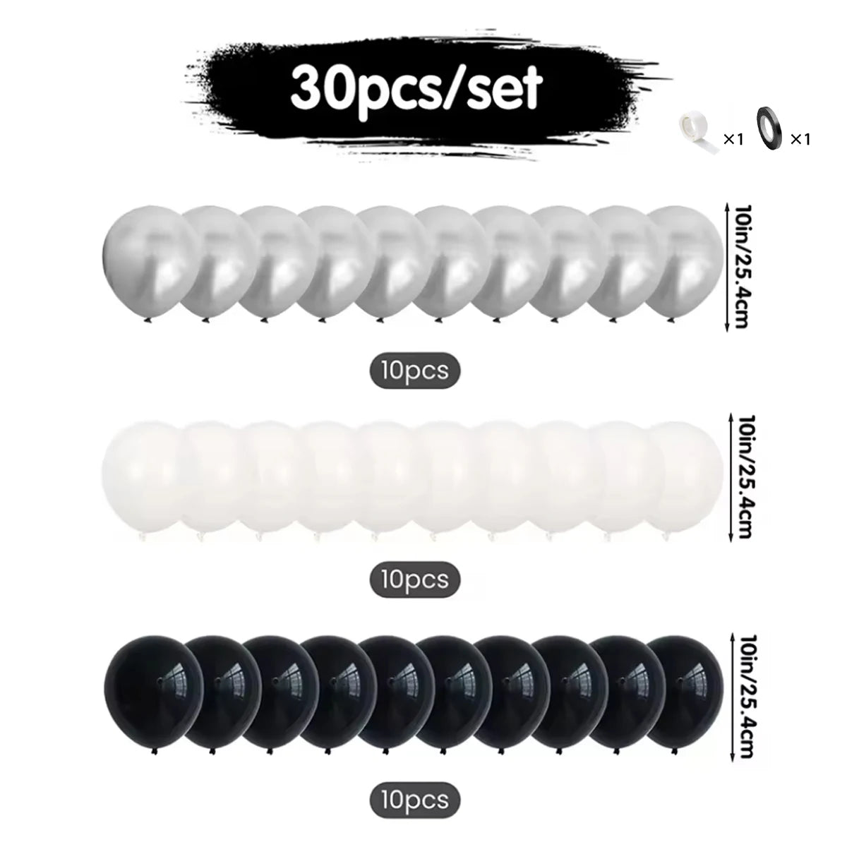 A set of black and white balloons for party decor, including silver banners.