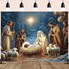 A painting depicting the Nativity scene with Mary, Joseph, and baby Jesus in a snowy landscape.