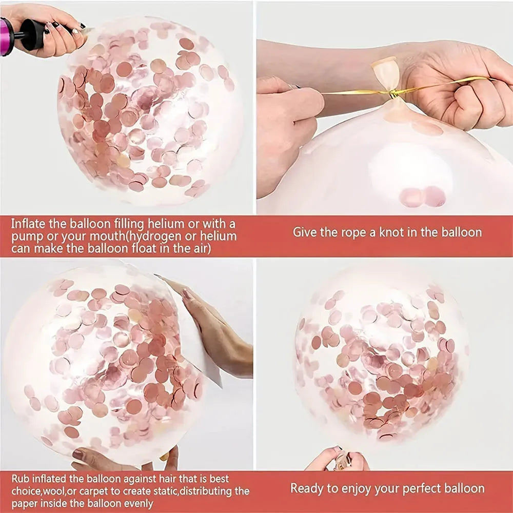 Instructions show how to inflate and knot rose gold sequin balloons for party decor