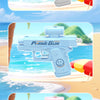 A white prank gun is shown in a horizontal view against a beach background with colorful plastic items.