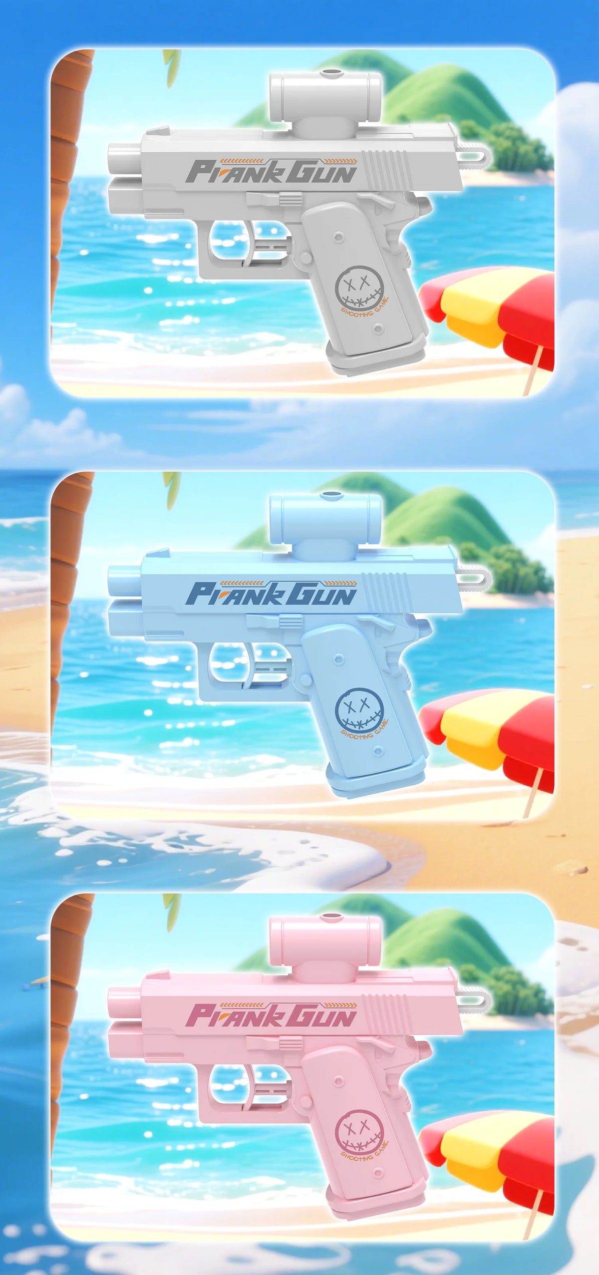 A white prank gun is shown in a horizontal view against a beach background with colorful plastic items.