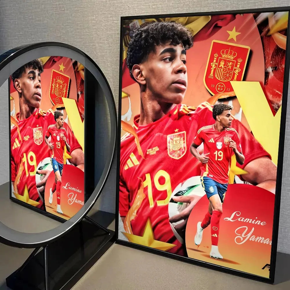 A framed print featuring a portrait of Lamine Yamal in a red football kit against a vibrant background.