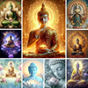A collage of various Buddha images featuring glowing halos, lotus designs, and serene meditative poses.