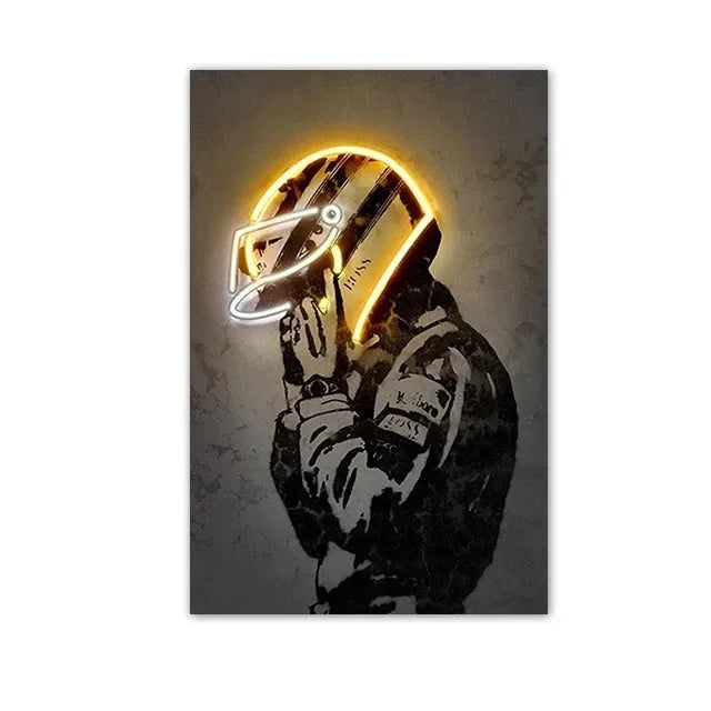 A silhouette of a person wearing a neon-lit motorcycle helmet against a dark, textured background.