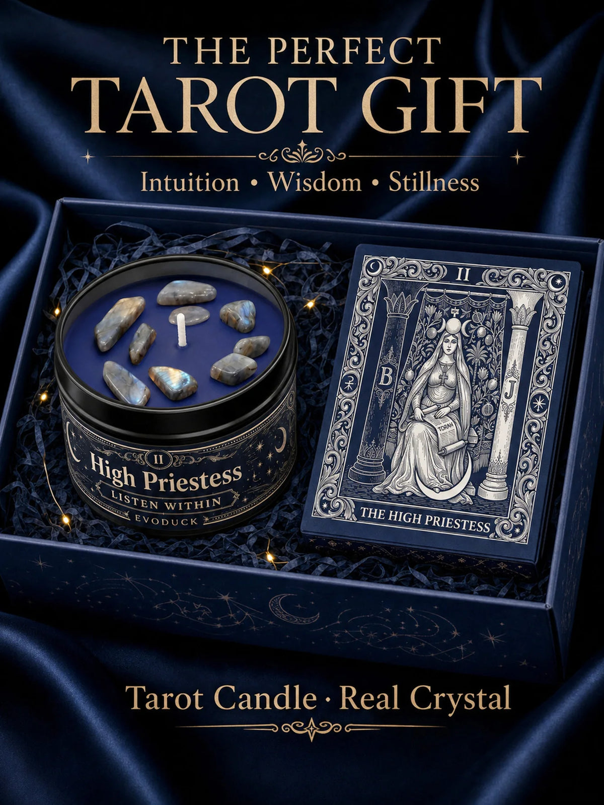 A dark blue box holds a tarot candle featuring crystal stones and an illustration of The High Priestess card.
