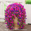 A vibrant display of 8 artificial morning glory hanging vines in shades of pink and purple surrounding a pedestal.